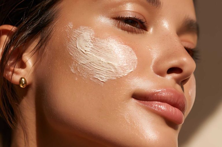 Young woman with beautiful glowing skin and skincare product on her cheek