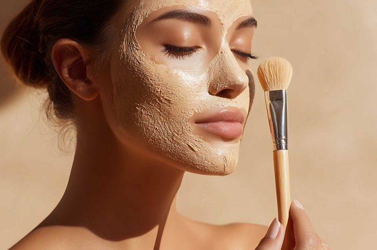 woman with skincare mask on her face for beautiful glowing skin holding an application brush