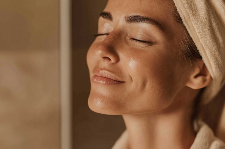 Woman with eyes closed with fresh, glowing skin and hair wrapped in towel